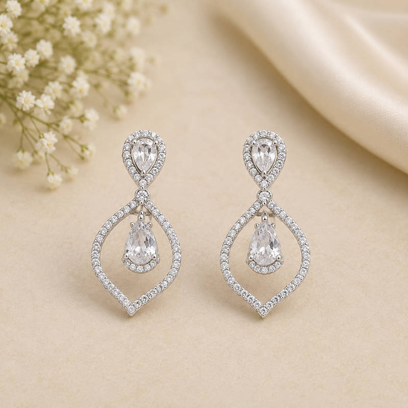 Elegant Teardrop CZ Dangle Earrings – Rhodium Plated