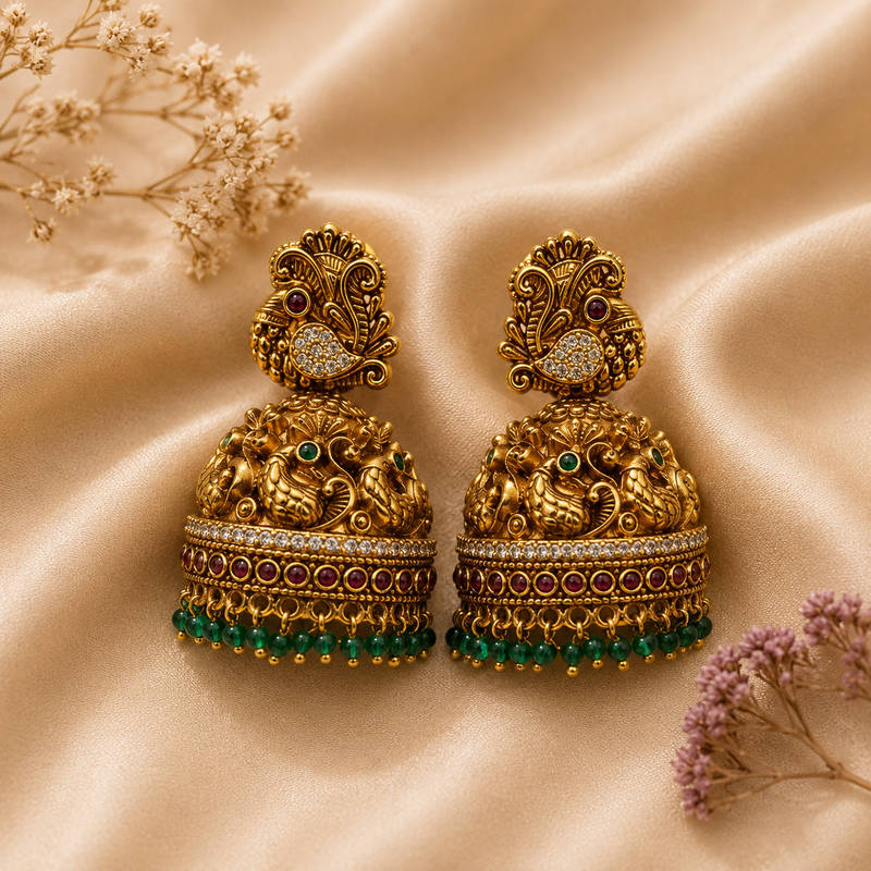 Antique Peacock Temple Jhumka Earrings