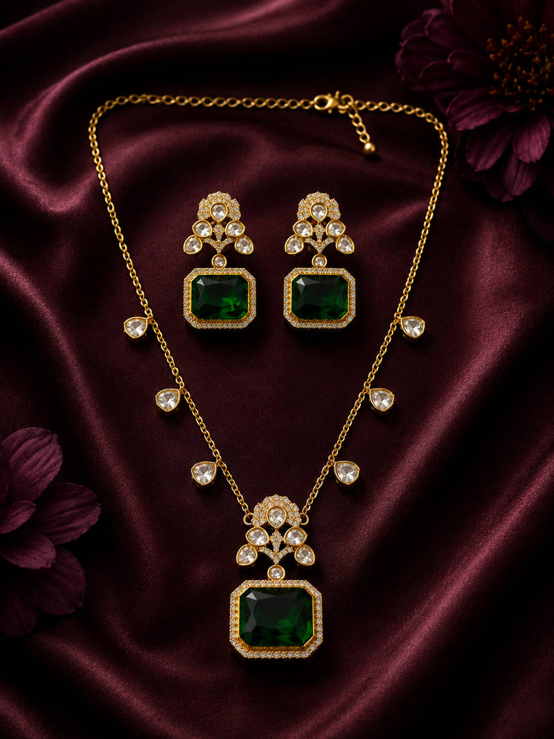 Emerald Royale CZ Pendant Necklace Set with Statement Earrings