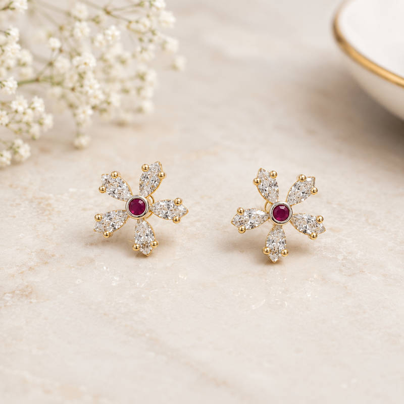 Ruby Bloom CZ Floral Stud Earrings