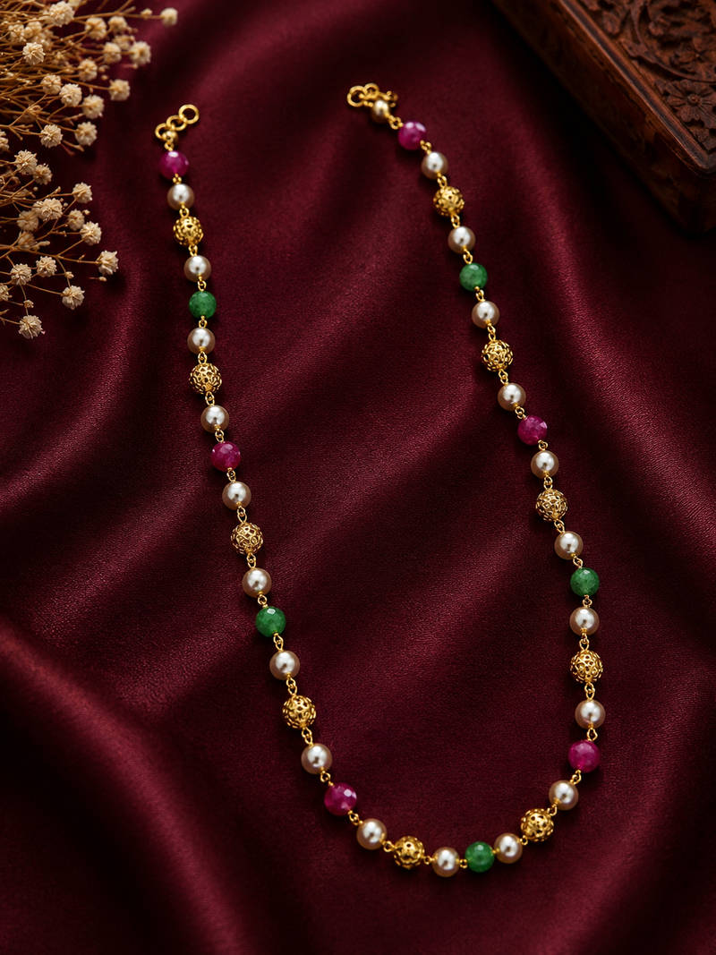 Tricolor Pearl & Bead Station Necklace