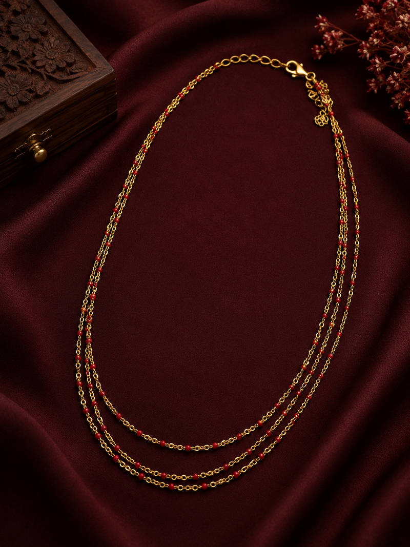 Triple Layer Red Bead Chain Necklace