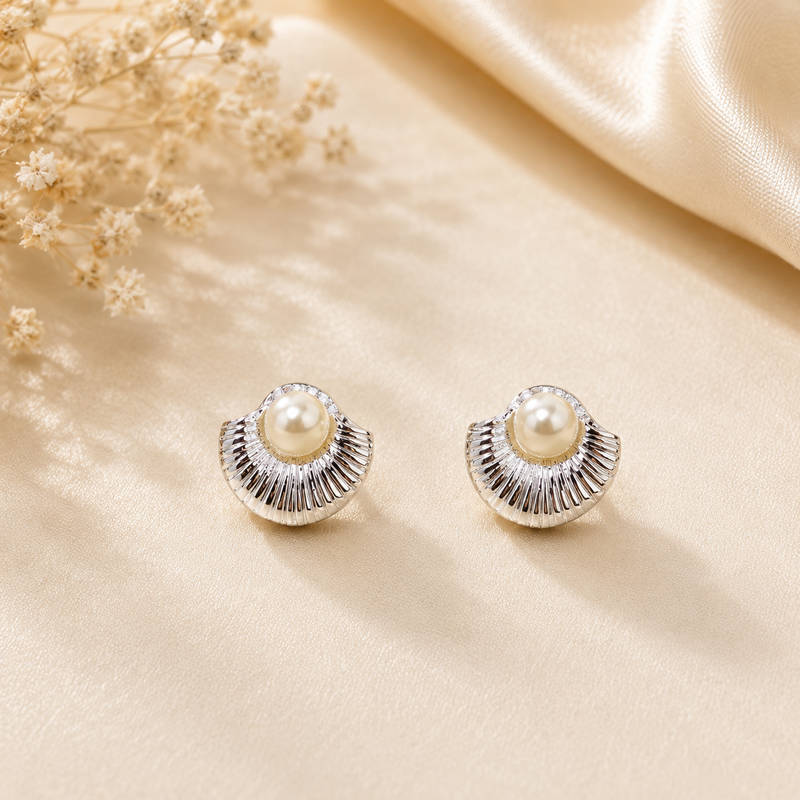 Pearl Glow Textured Stud Earrings– Silver Tone