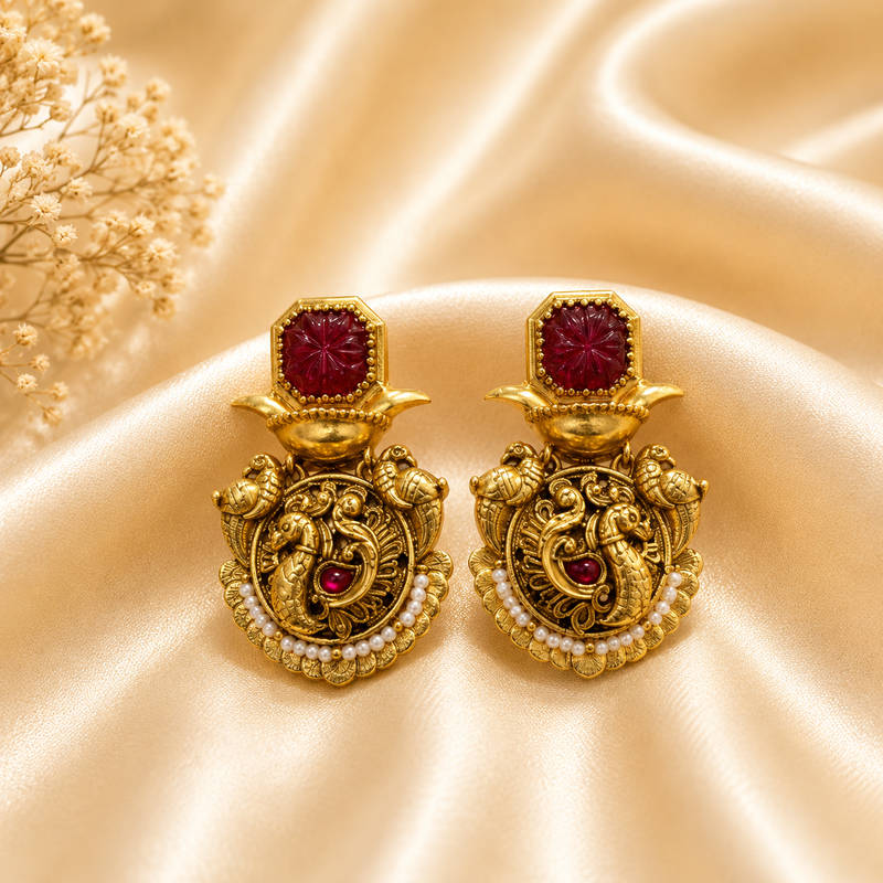 Antique Peacock Ruby Stud Earrings