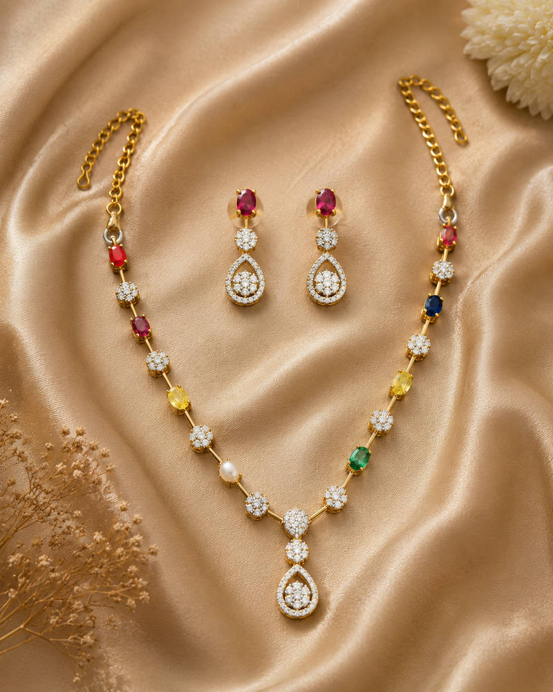 Navaratna Bloom CZ Necklace Set