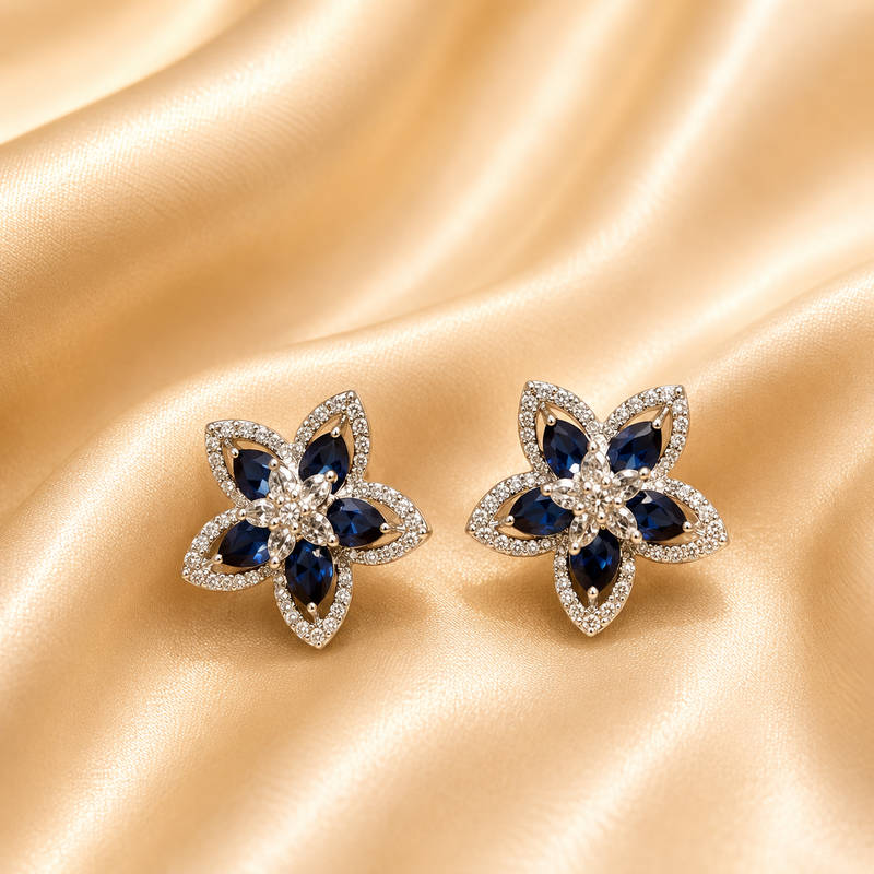 Blue Sapphire Floral CZ Stud Earrings