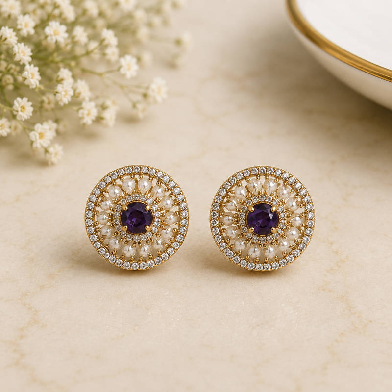 Royal Pearl Amethyst Stud Earrings