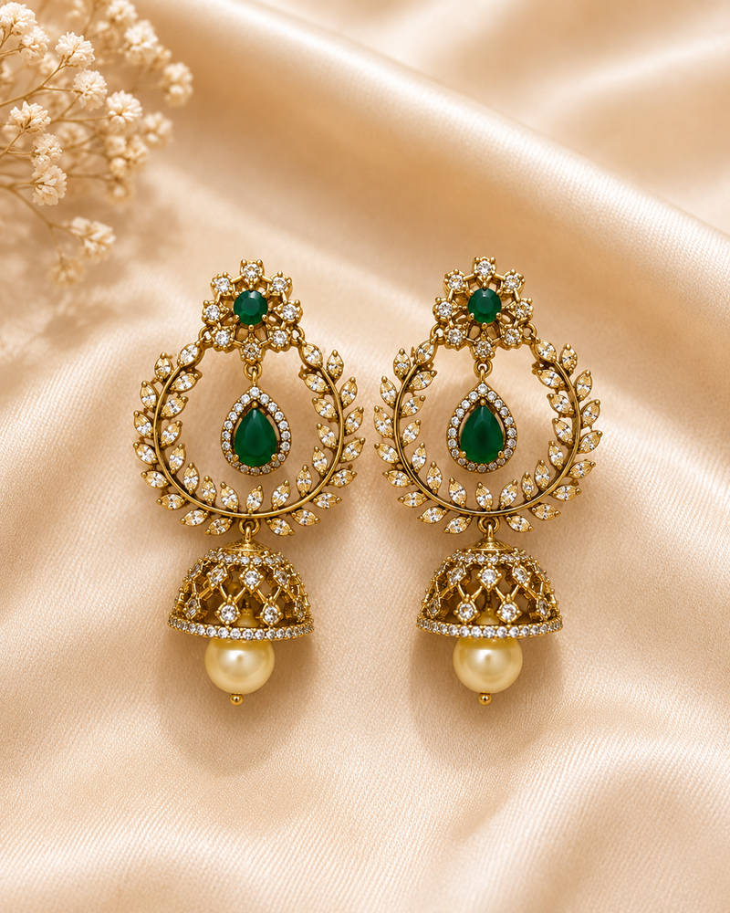 Emerald Leaf Jhumka Earrings