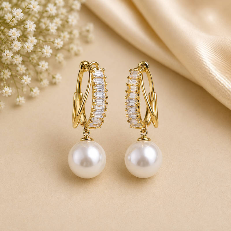 CZ Pearl Hoop Earrings