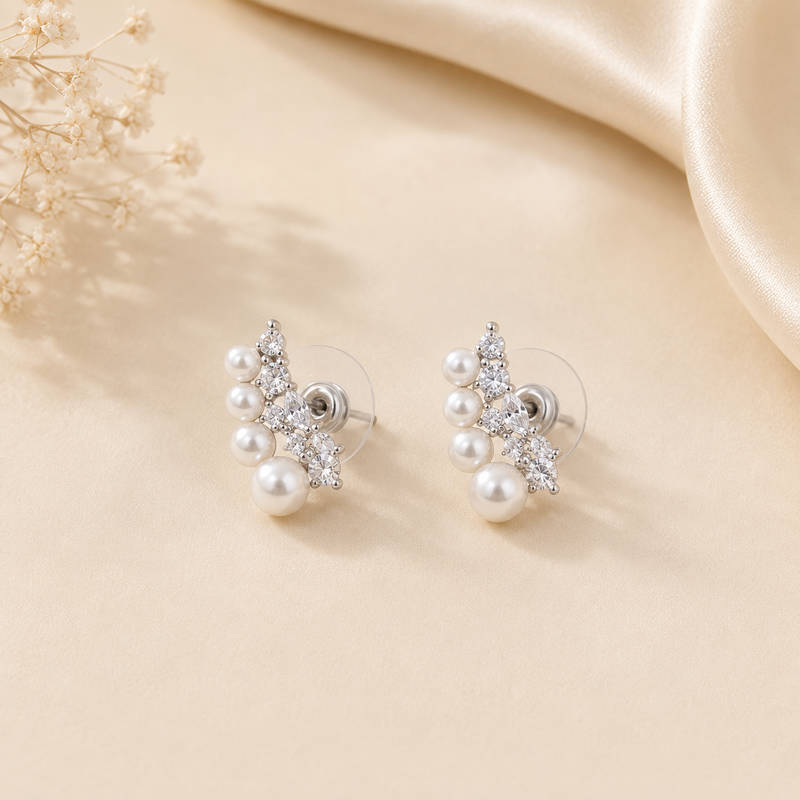 Pearl CZ Cluster Stud Earrings – Real Silver Polish