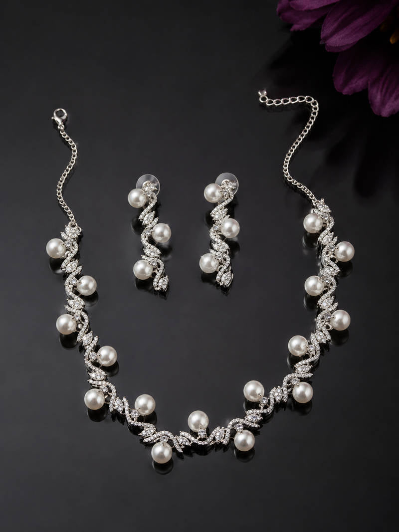 Pearl Vine CZ Necklace Set