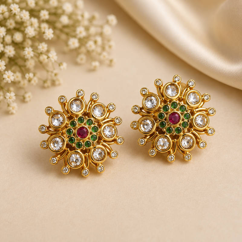 Royal Navratna CZ Floral Stud Earrings