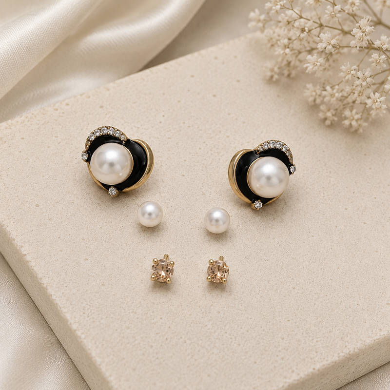 Pearl Elegance 3-Pair Stud Earrings Set