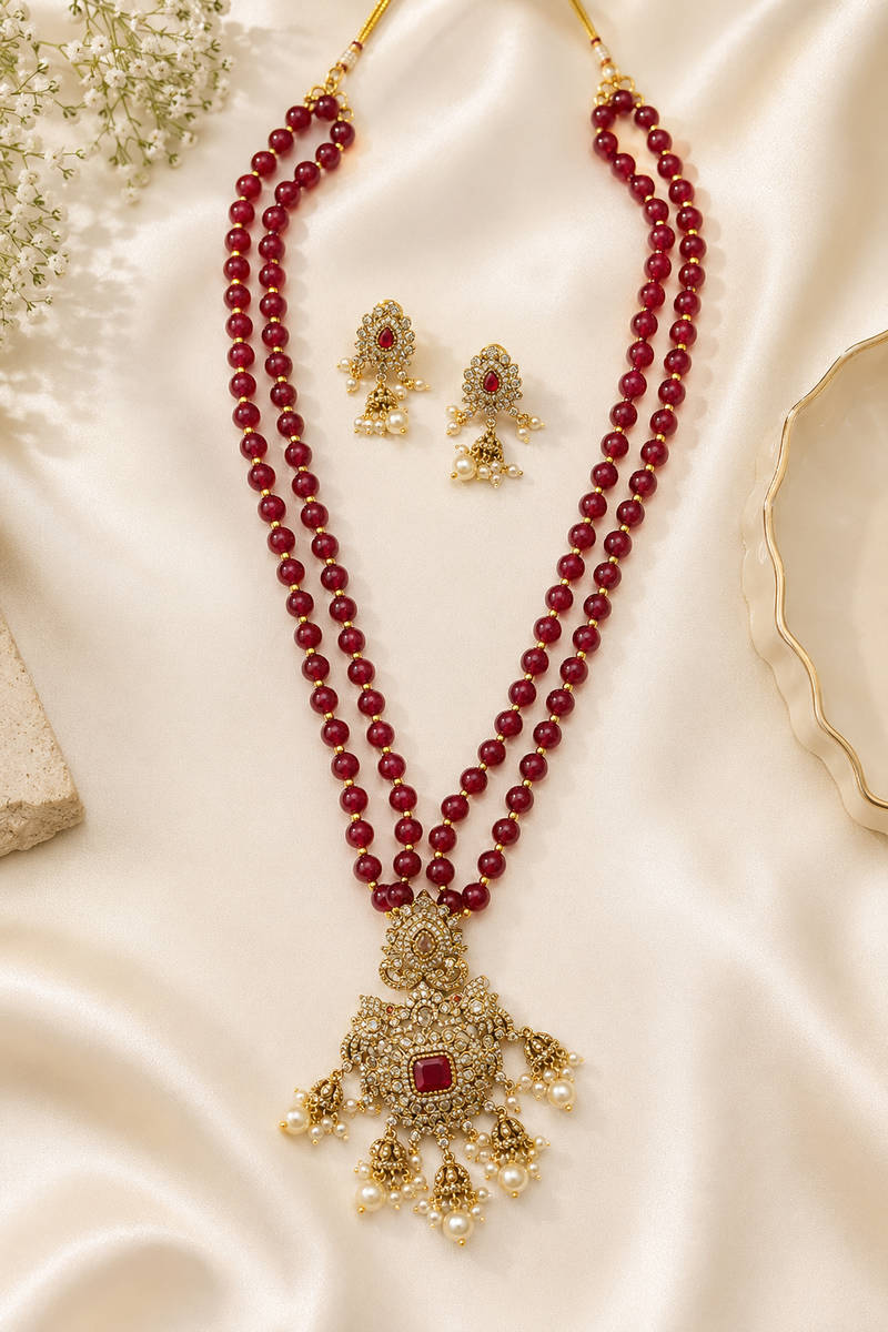 Ruby Bead Temple Pendant Necklace Set