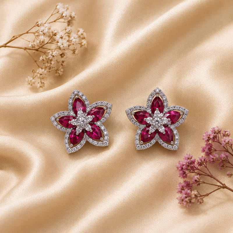 Blue Sapphire Floral CZ Stud Earrings