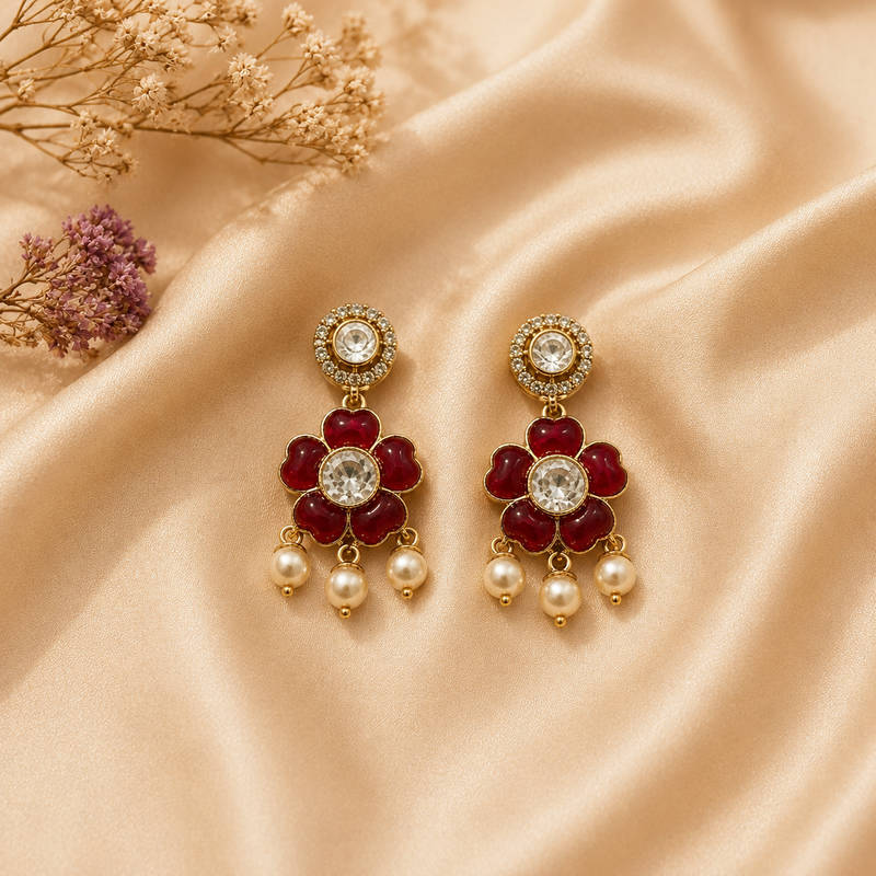 Emerald Green Floral CZ Pearl Drop Earrings