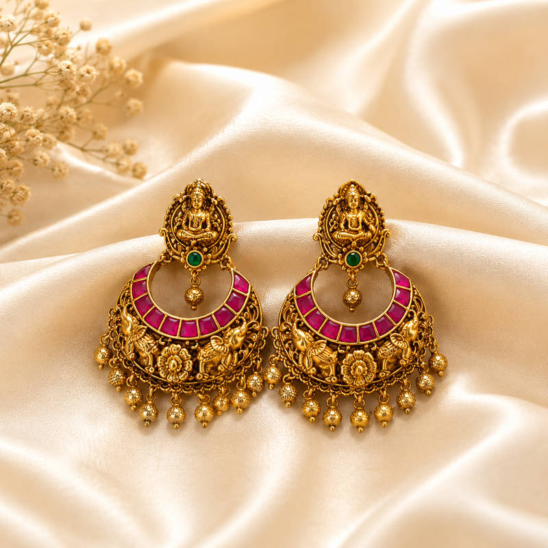 Antique Lakshmi Chandbali Earrings with Ruby & Green Stones