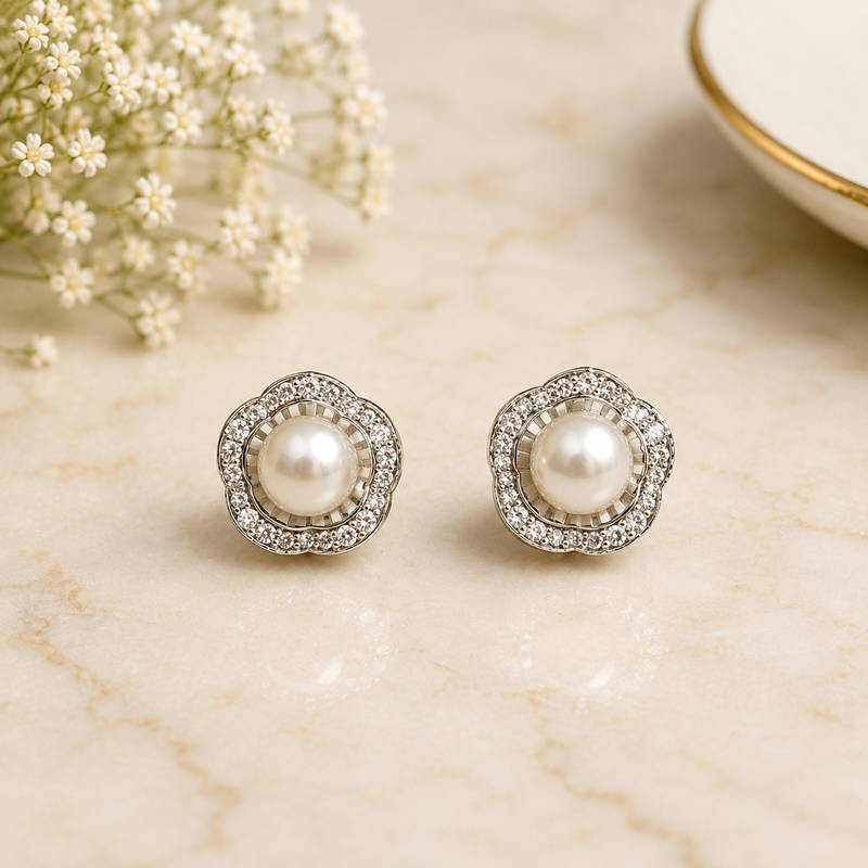 Pearl Halo CZ Stud Earrings – Real Silver Polish