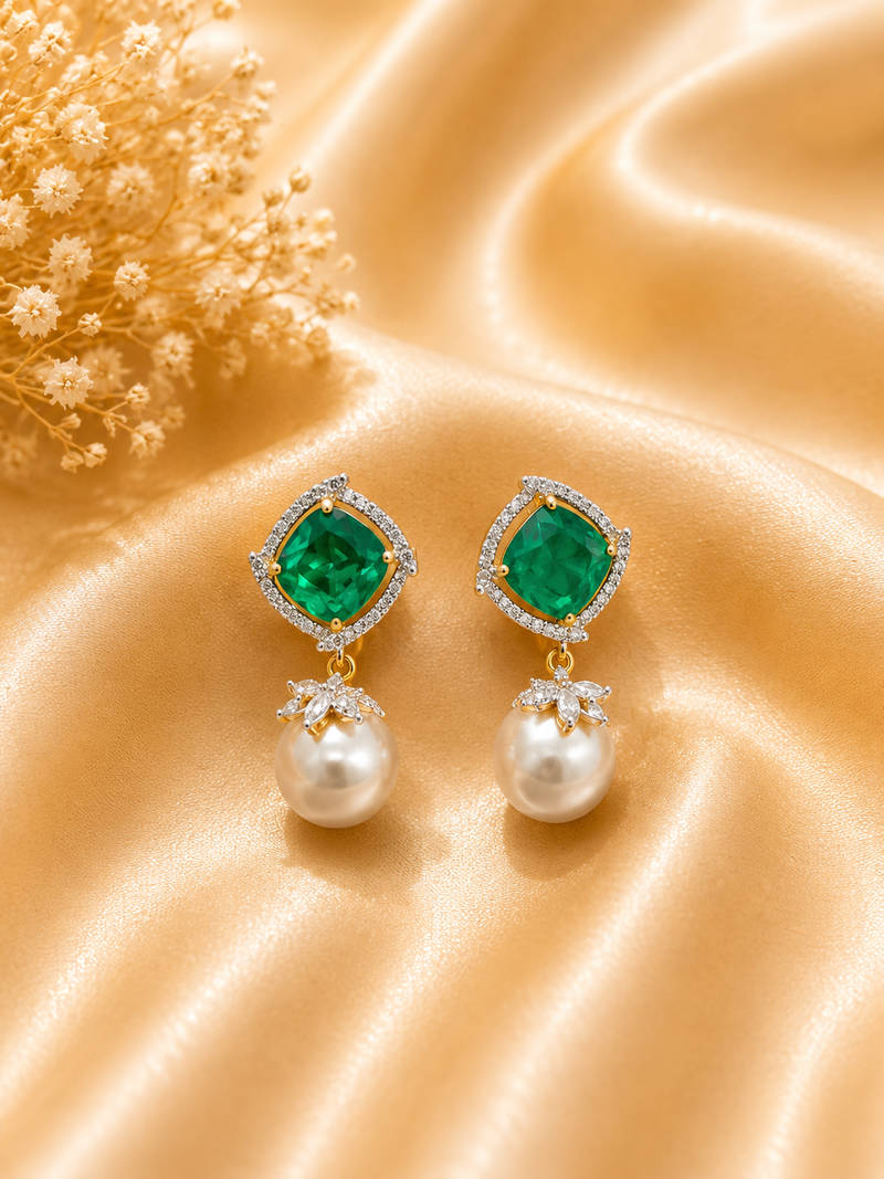 Emerald Green Pearl Drop Earrings