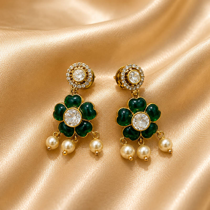 Emerald Green Floral CZ Pearl Drop Earrings