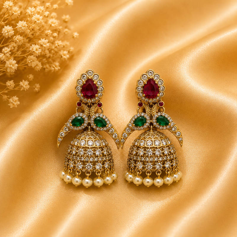 Ruby & Emerald CZ Jhumka Earrings