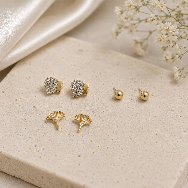 Classic Gold Stud Earrings Set (3 Pairs)