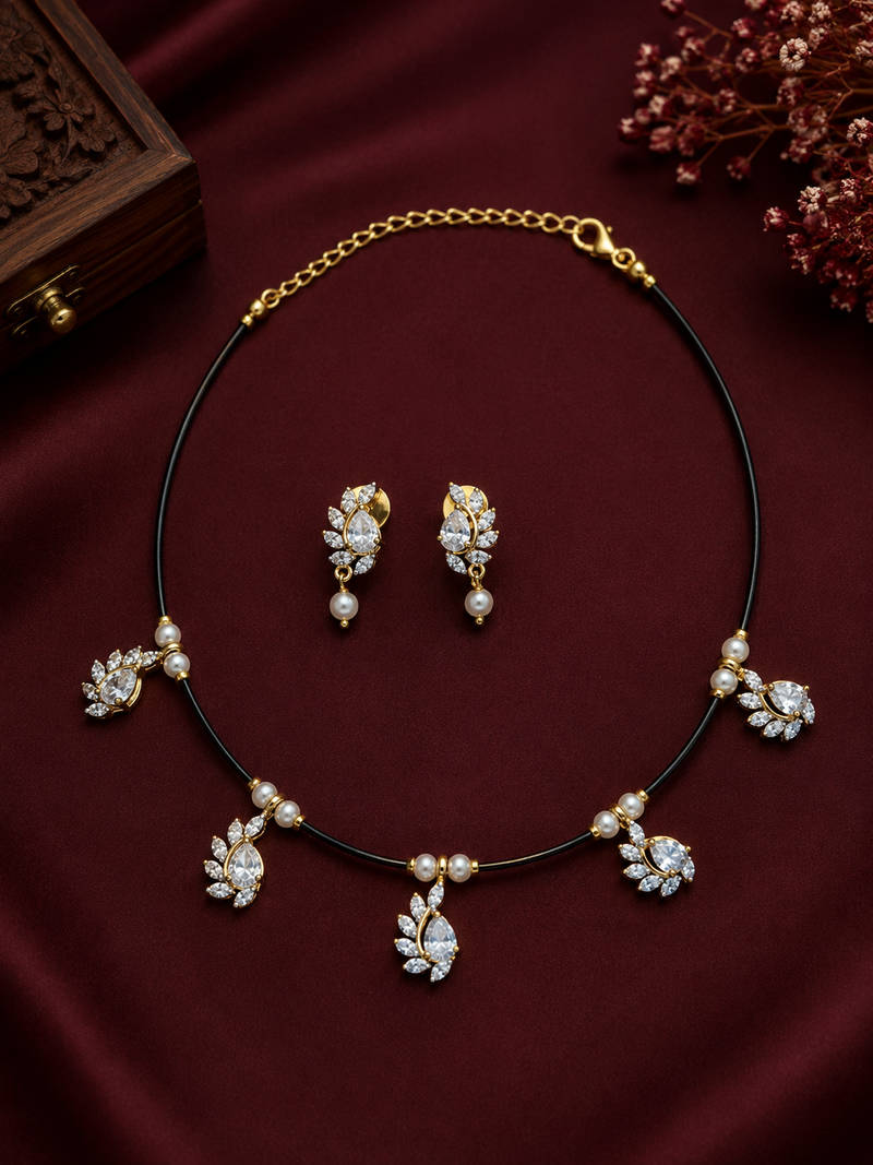 Black Cord CZ Drop Necklace Set