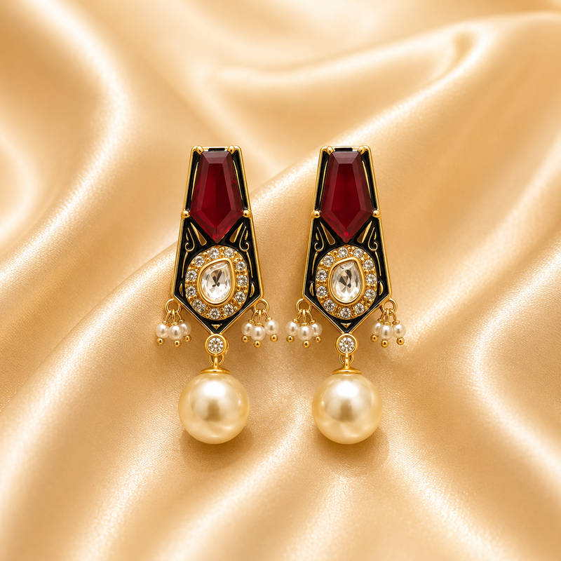 Ruby CZ Uncut Pearl Drop Earrings