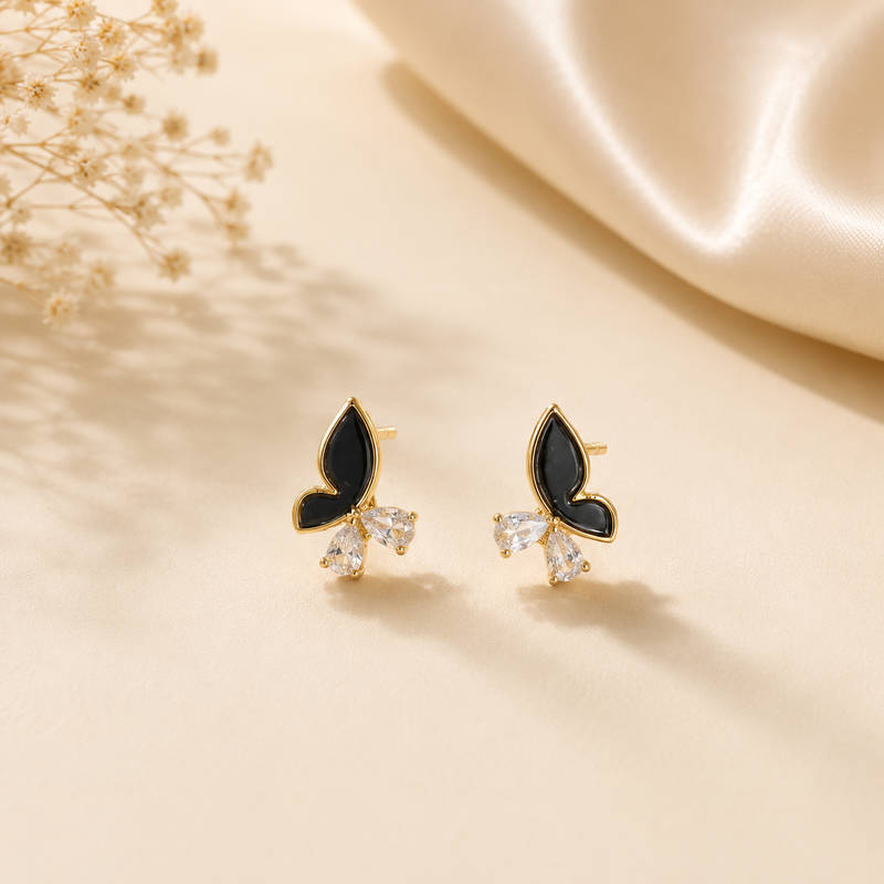 Midnight Butterfly CZ Stud Earrings – 925 Silver Polish