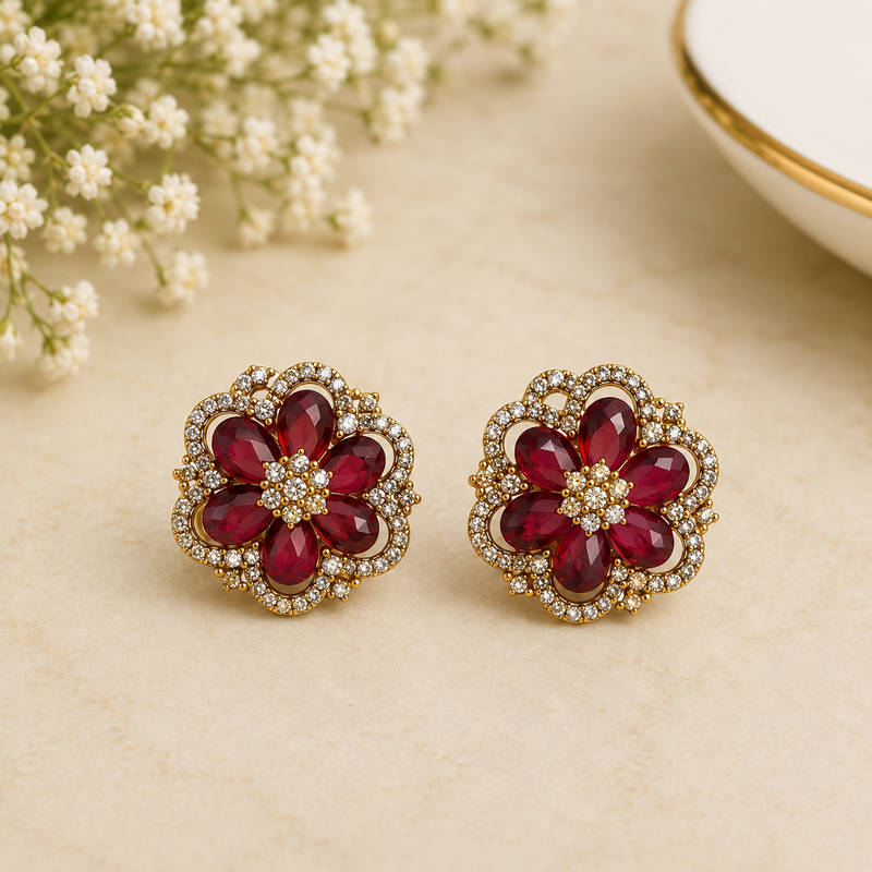 Ruby Blossom CZ Floral Stud Earrings