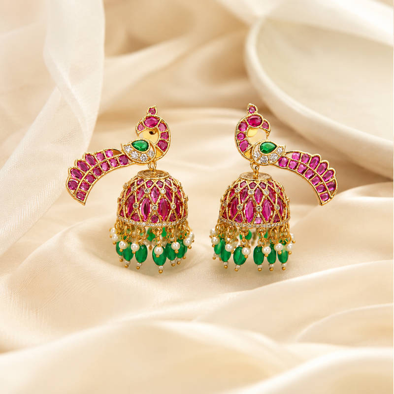 Peacock Ruby & Emerald Jhumka Earrings