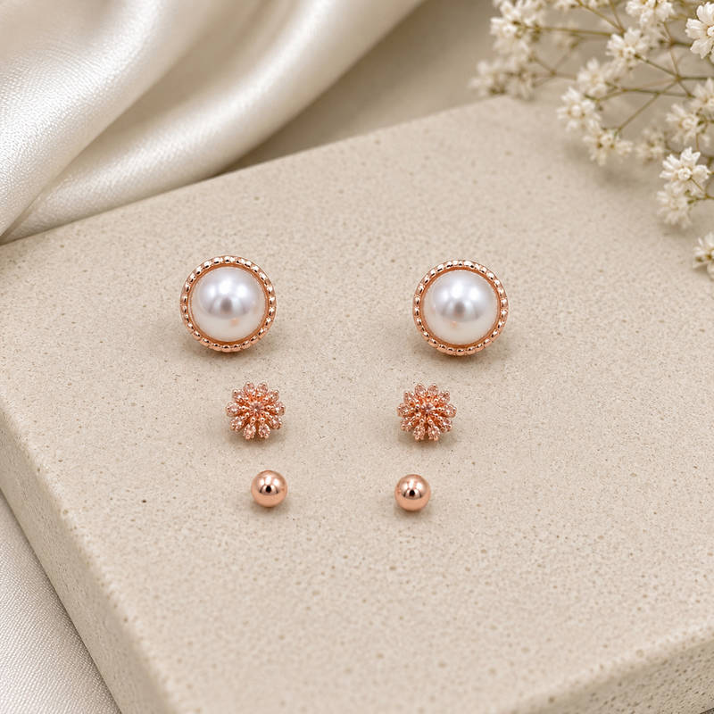 Rose Gold Stud Earrings Set (3 Pairs)