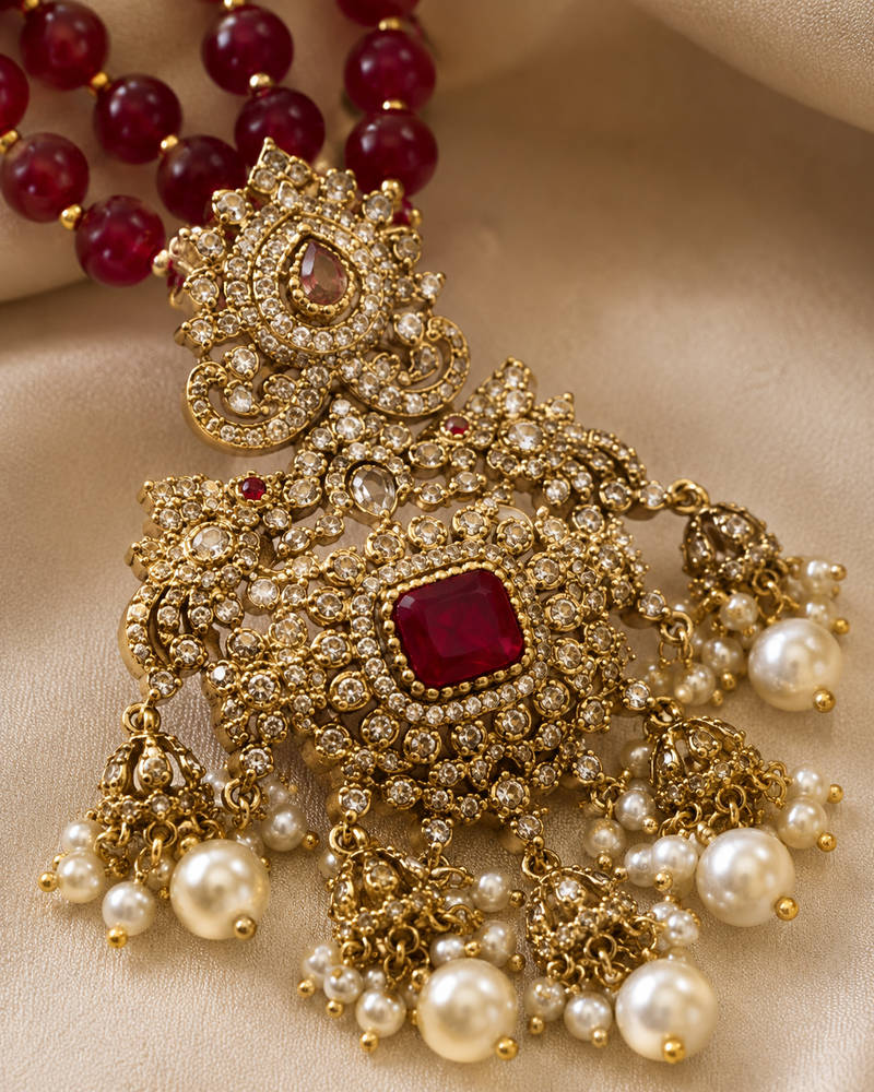 Ruby Bead Temple Pendant Necklace Set