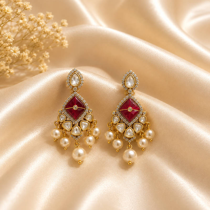Ruby CZ Uncut Pearl Drop Earrings