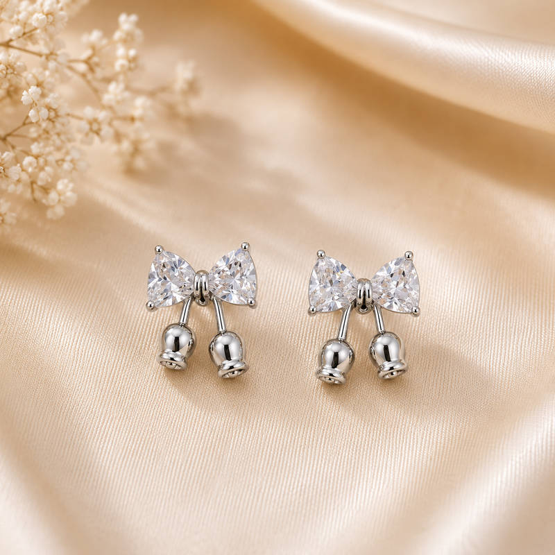 Crystal Bow Tassel Stud Earrings – 925 Silver Polish