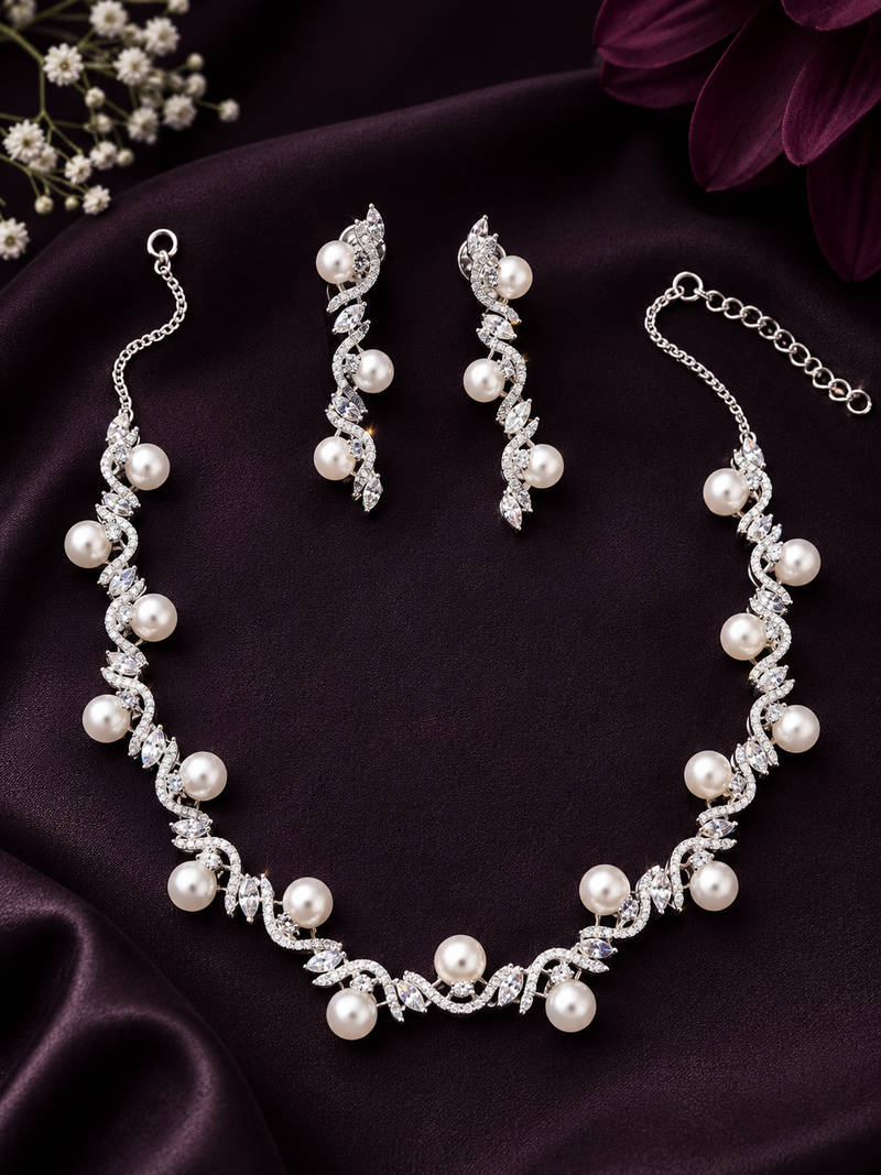 Pearl Vine CZ Necklace Set