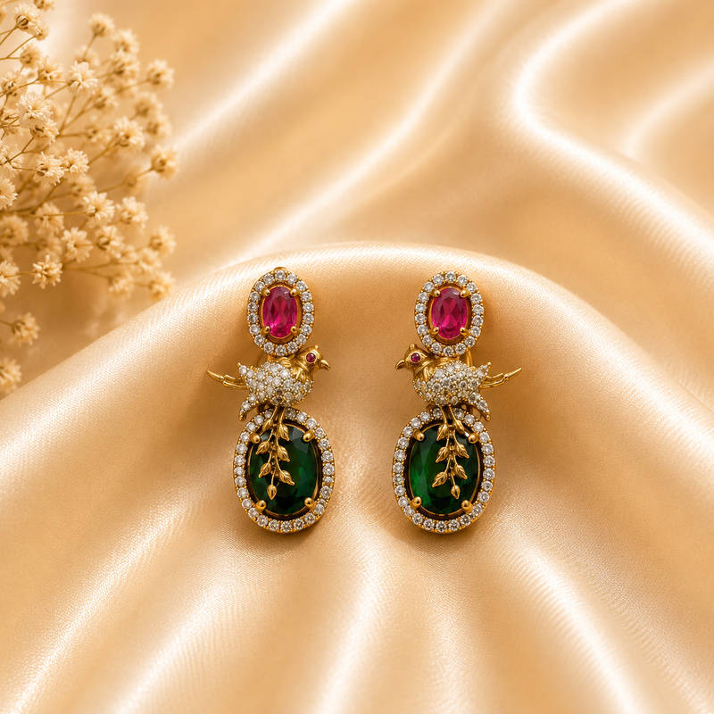 Designer Bird Motif Ruby & Emerald CZ Earrings