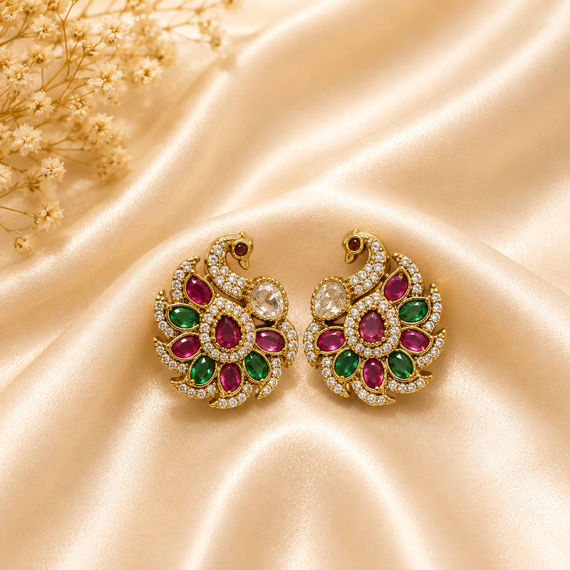 Peacock CZ Stud Earrings with Ruby & Emerald Stones