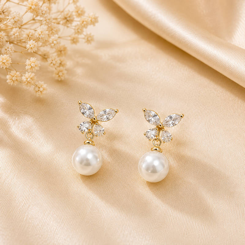 Butterfly Pearl Drop Earrings - 925 Silver polish