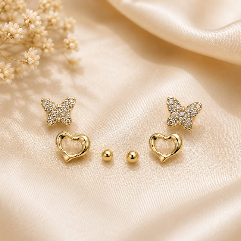 Gold Stud Earrings Set (3 Pairs) - S 925 Polish