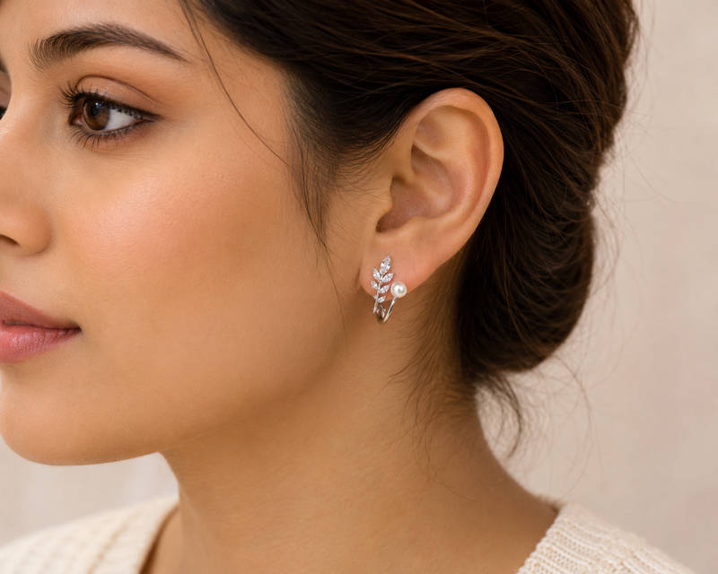 Pearl Leaf Ear Cuff Earrings – 925 Silver Polish