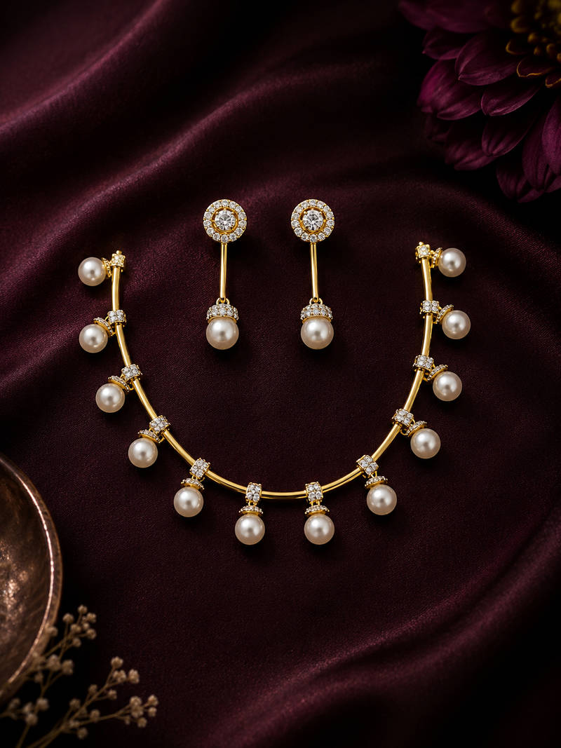 Pearl Cascade CZ Necklace Set