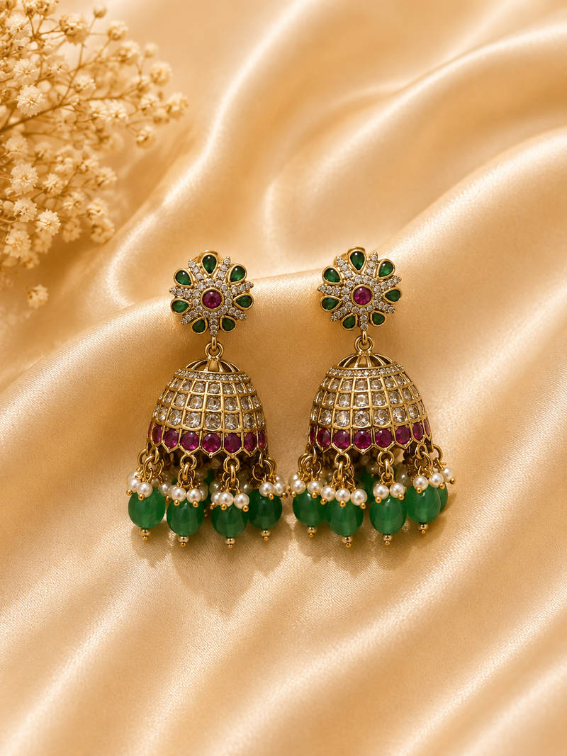 CZ Stone Jhumka Earrings with Emerald Bead
