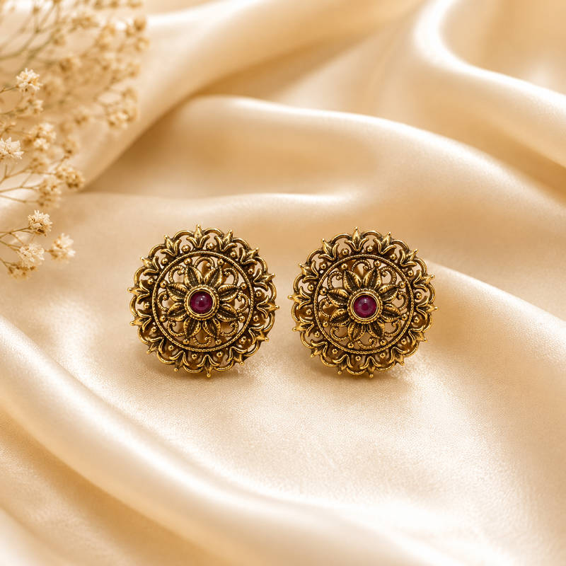 Antique Floral Ruby Stone Stud Earrings