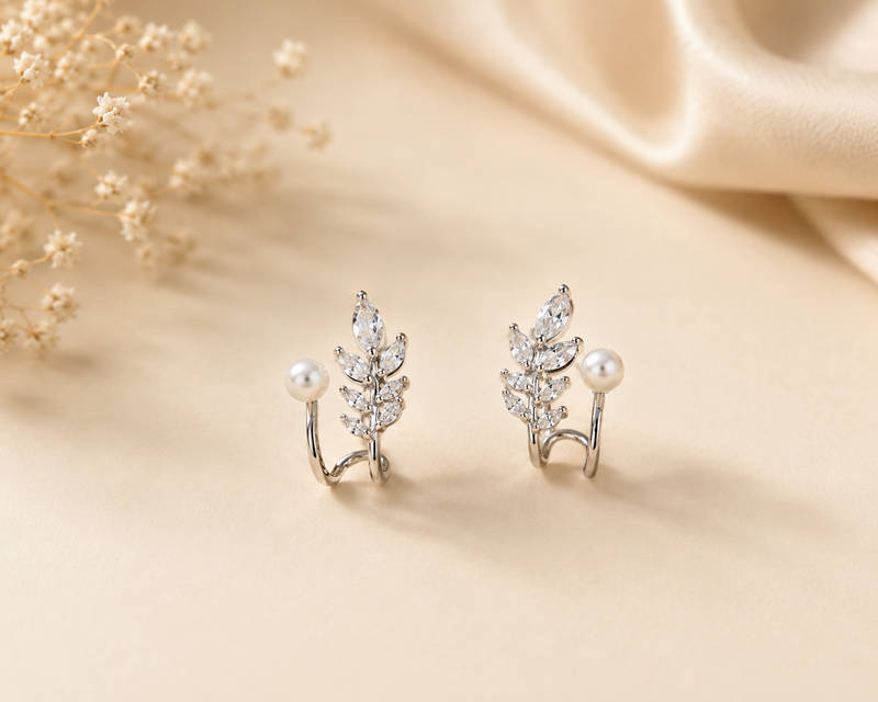 Pearl Leaf Ear Cuff Earrings – 925 Silver Polish