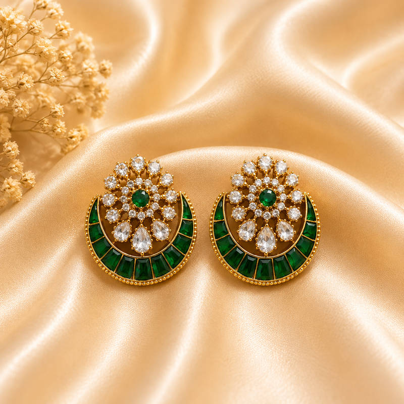 Emerald Green CZ Uncut Chandbali Stud Earrings