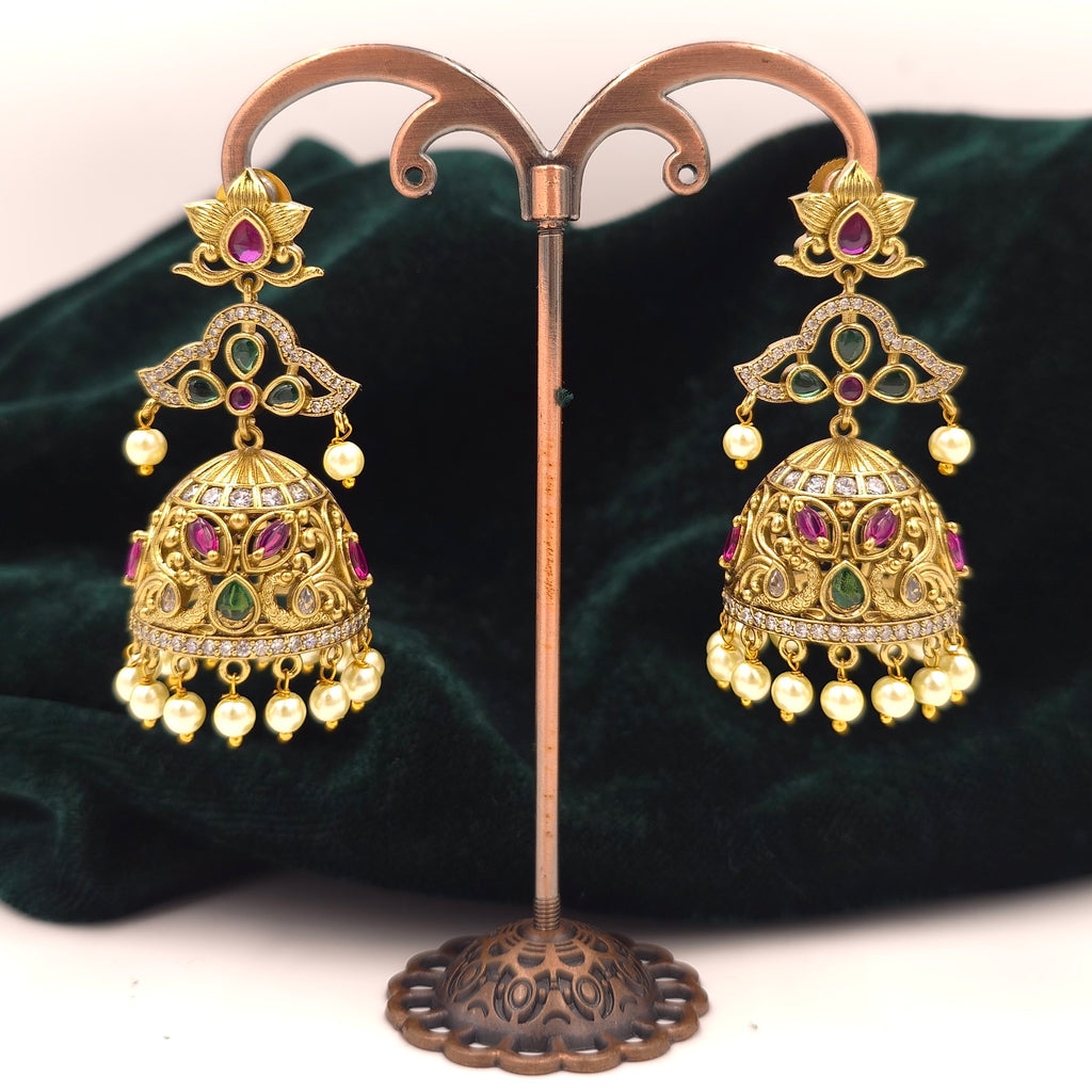 Traditional Kundan Jhumka Earrings with Pearl Drops