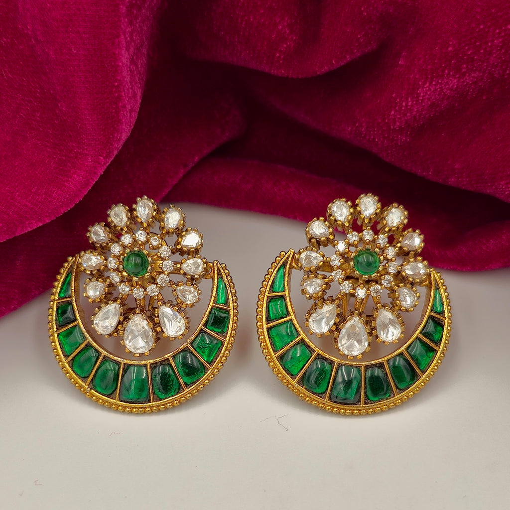 Emerald Green CZ Uncut Chandbali Stud Earrings