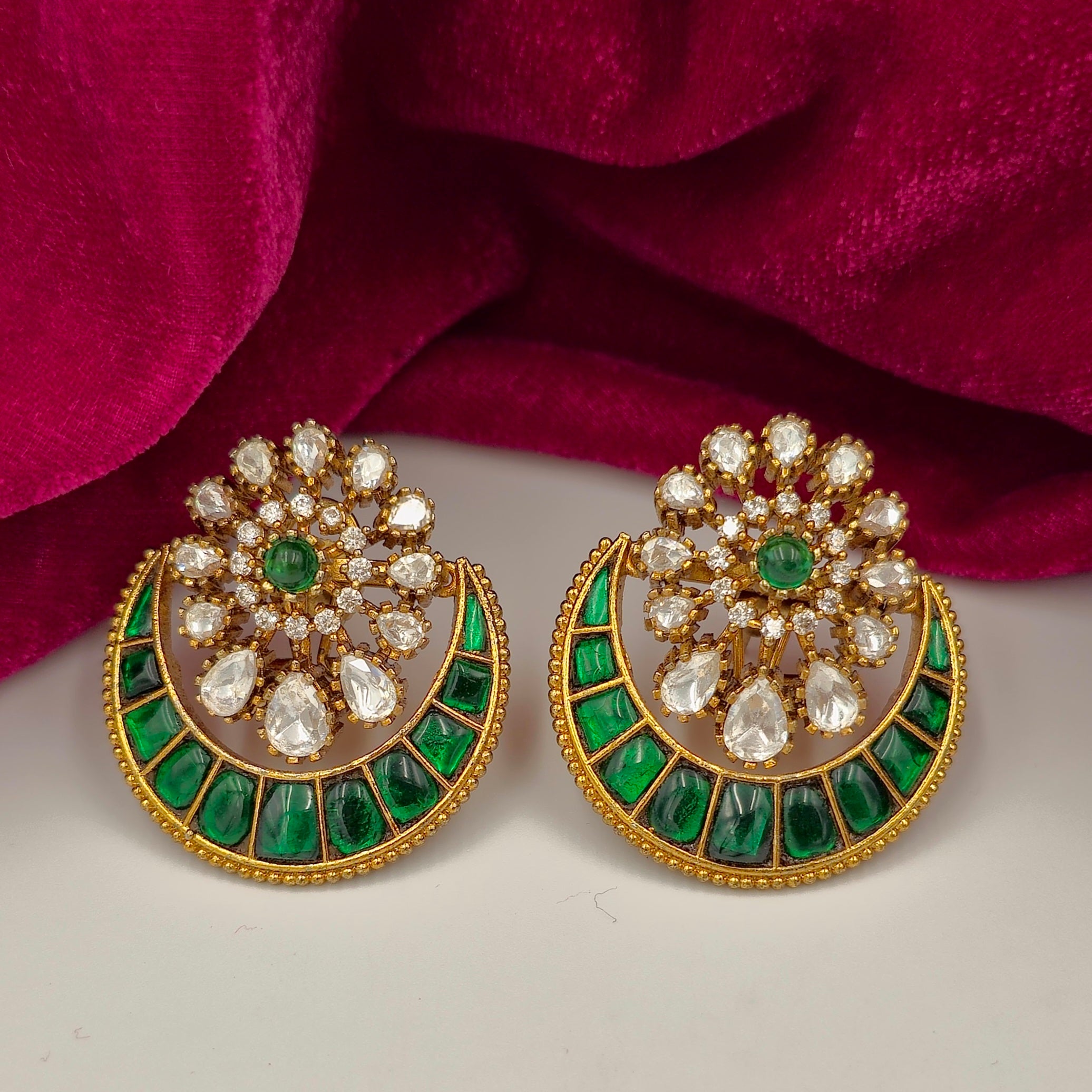 Emerald Green CZ Uncut Chandbali Stud Earrings