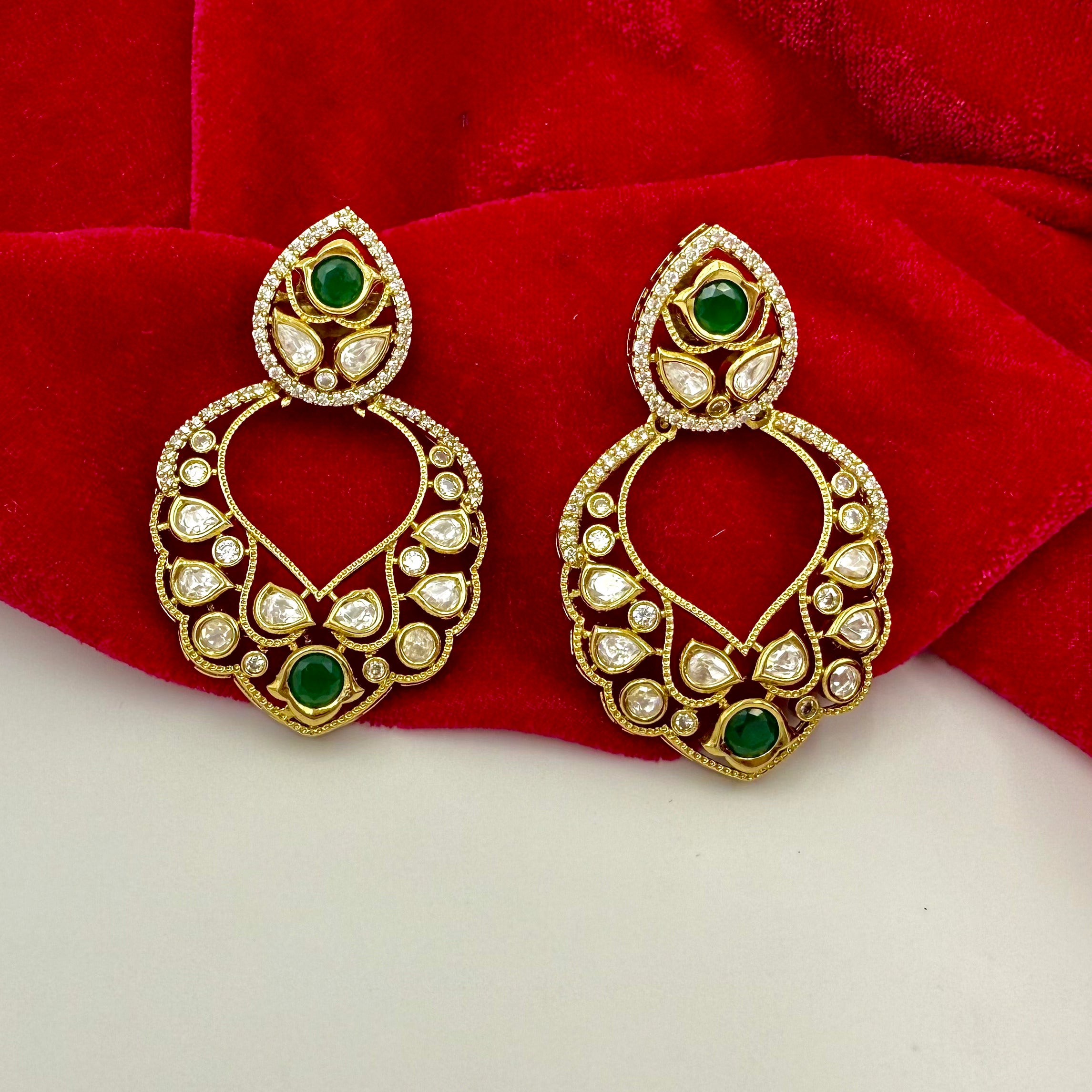 Emerald Kundan Statement Drop Earrings